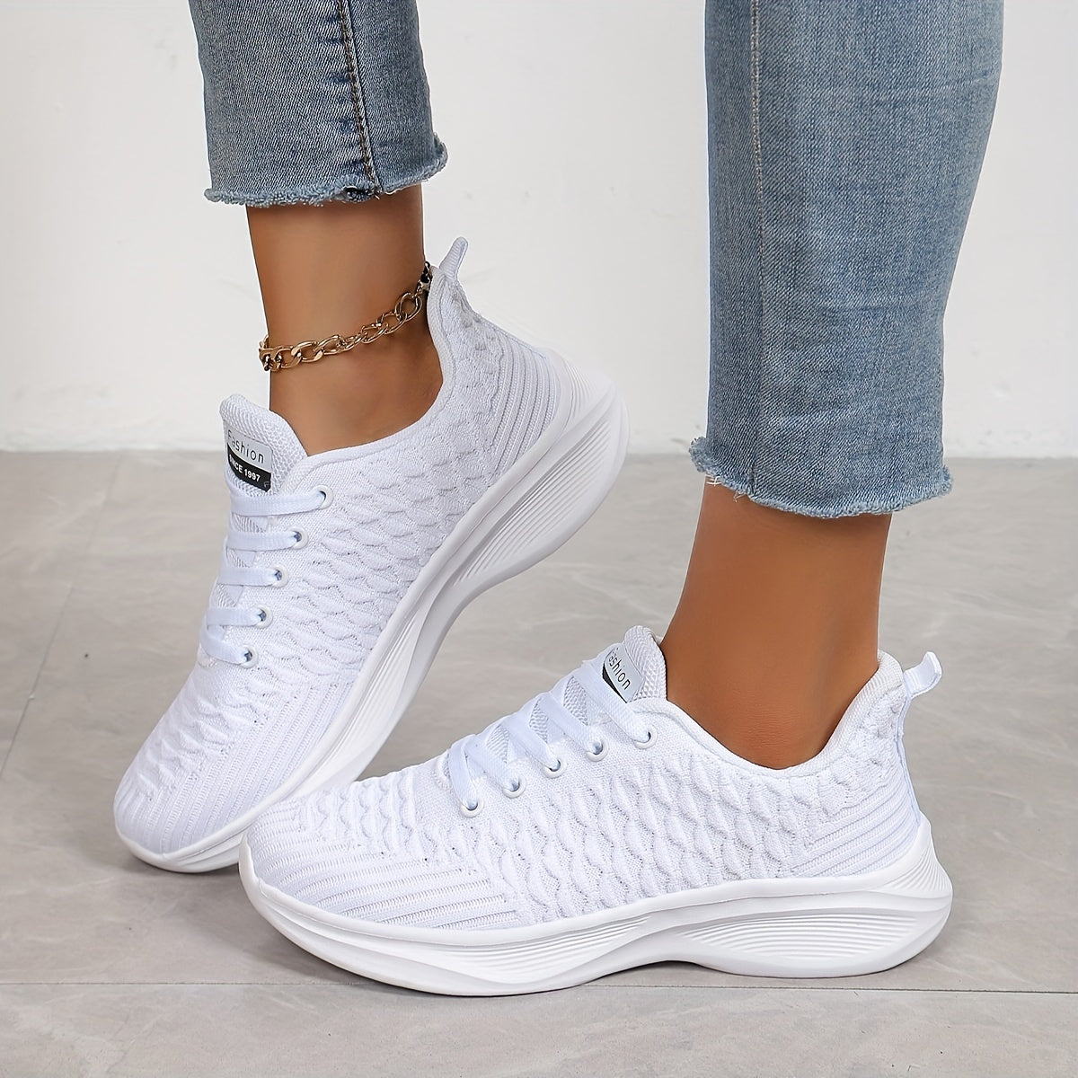 Women's Solid Color Lace-Up Platform Sneakers, Breathable Athletic Shoes