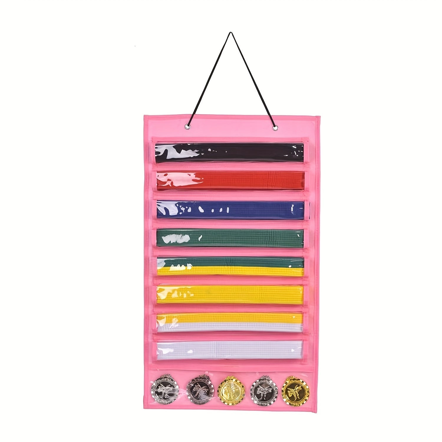 Martial Arts Belt and Medal Organizer Wall Rack with 9 Clear Pockets