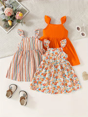 Set of Three Sleeveless Square Neck Casual Dresses for Girls Summer Polyester Stripes