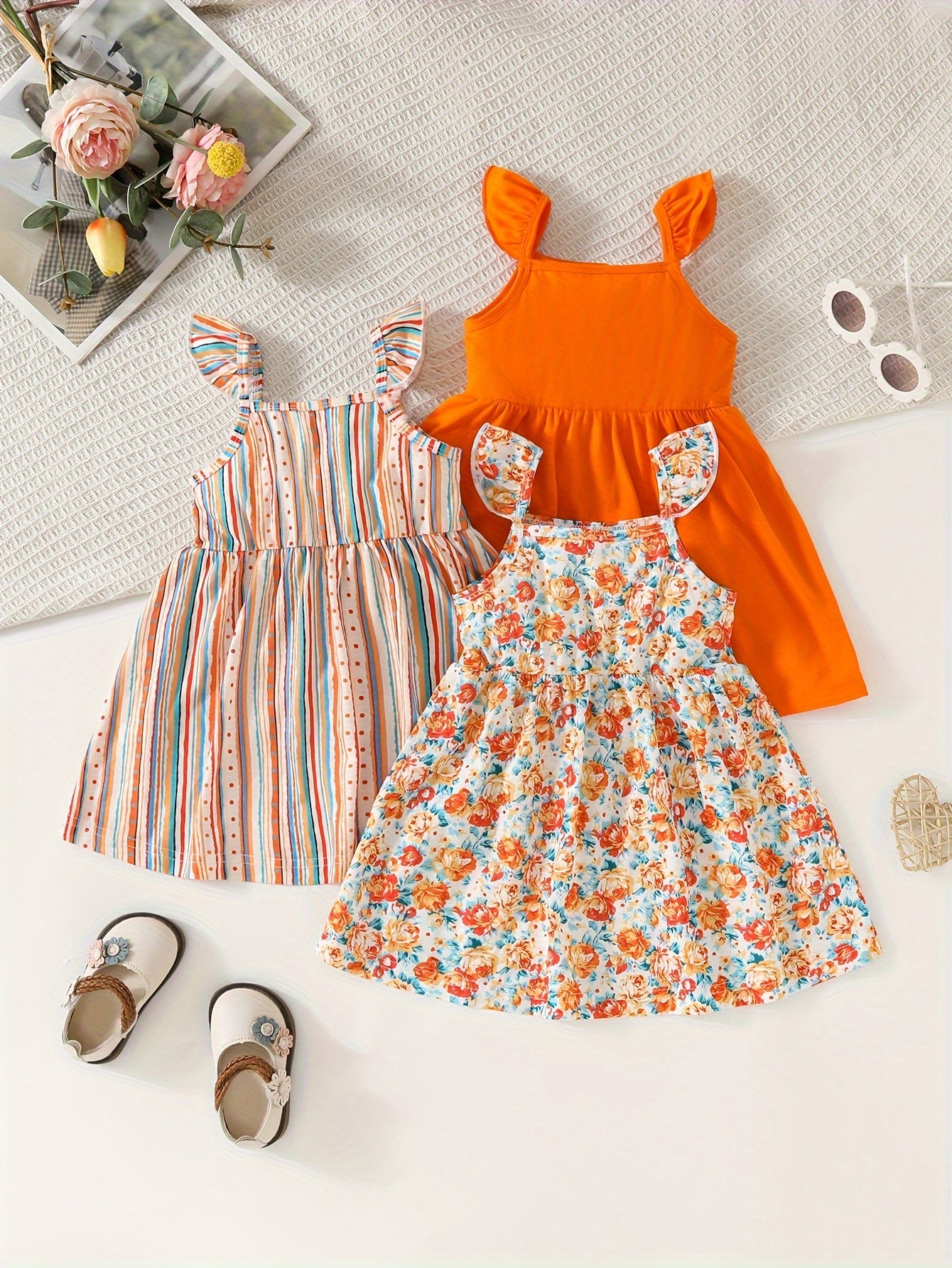 Set of Three Sleeveless Square Neck Casual Dresses for Girls Summer Polyester Stripes