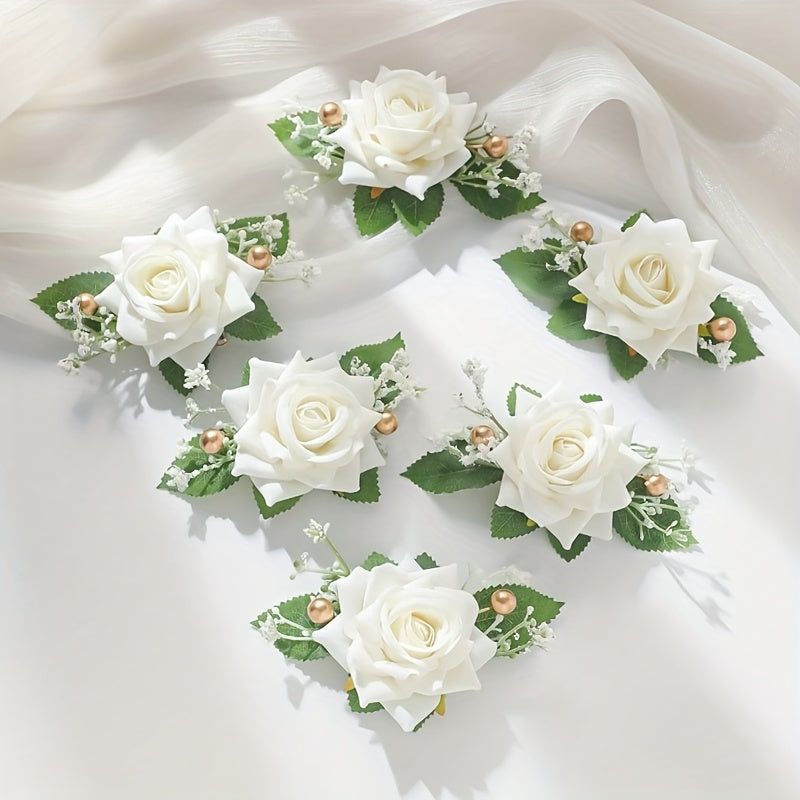 Set of 6 Boho Bridal Corsages Faux Rose Boutonnieres with Gold Pearls and Foliage for Weddings and Events
