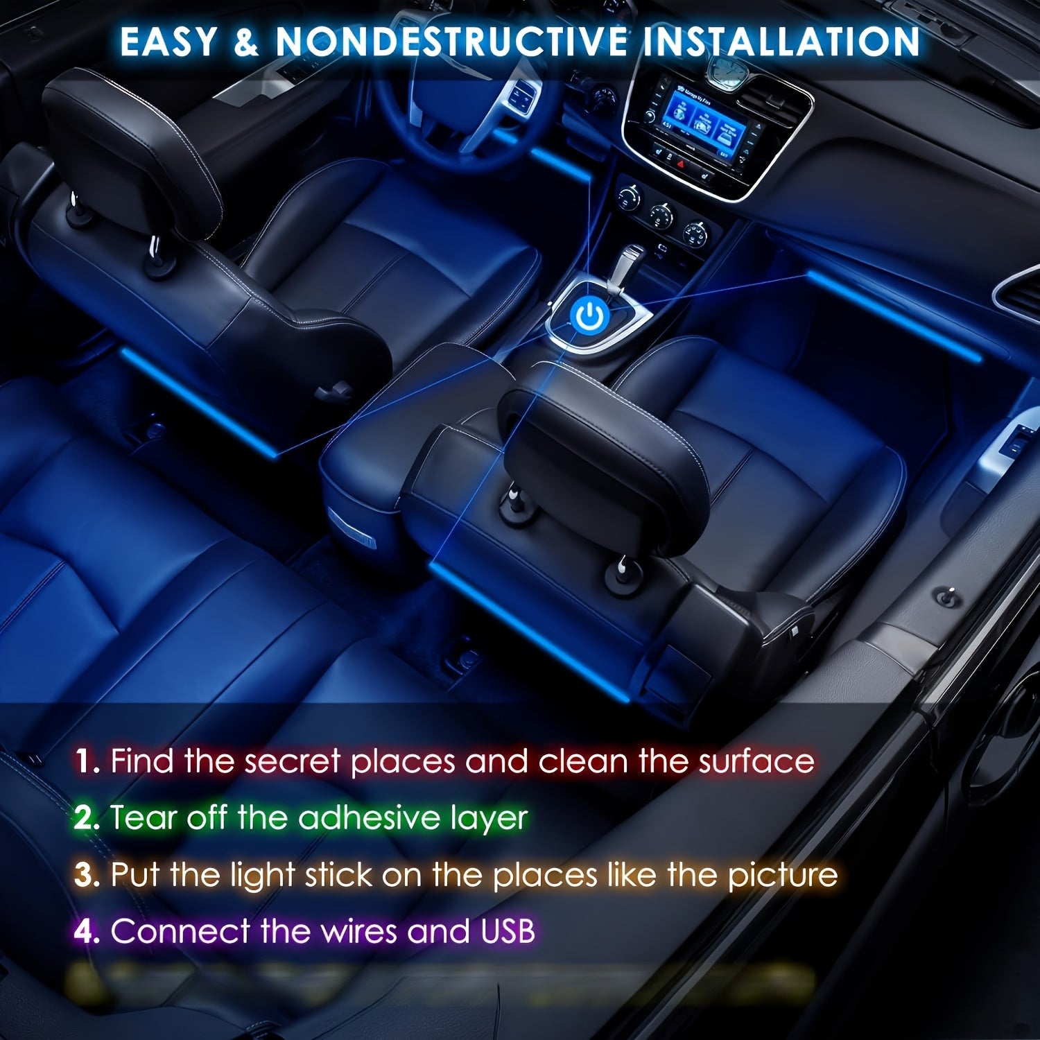 Kit de iluminación interior para coche de 4 piezas con alimentación USB y luces LED coloridas bajo los pies