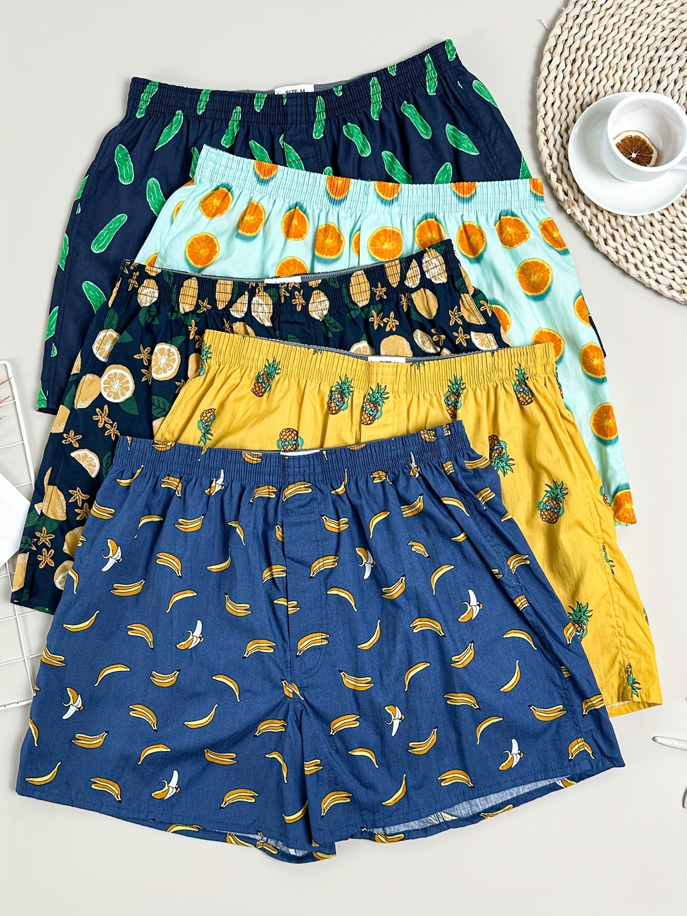 Men's Cotton Boxer Briefs with Fruit Print Breathable Comfortable Casual Underwear