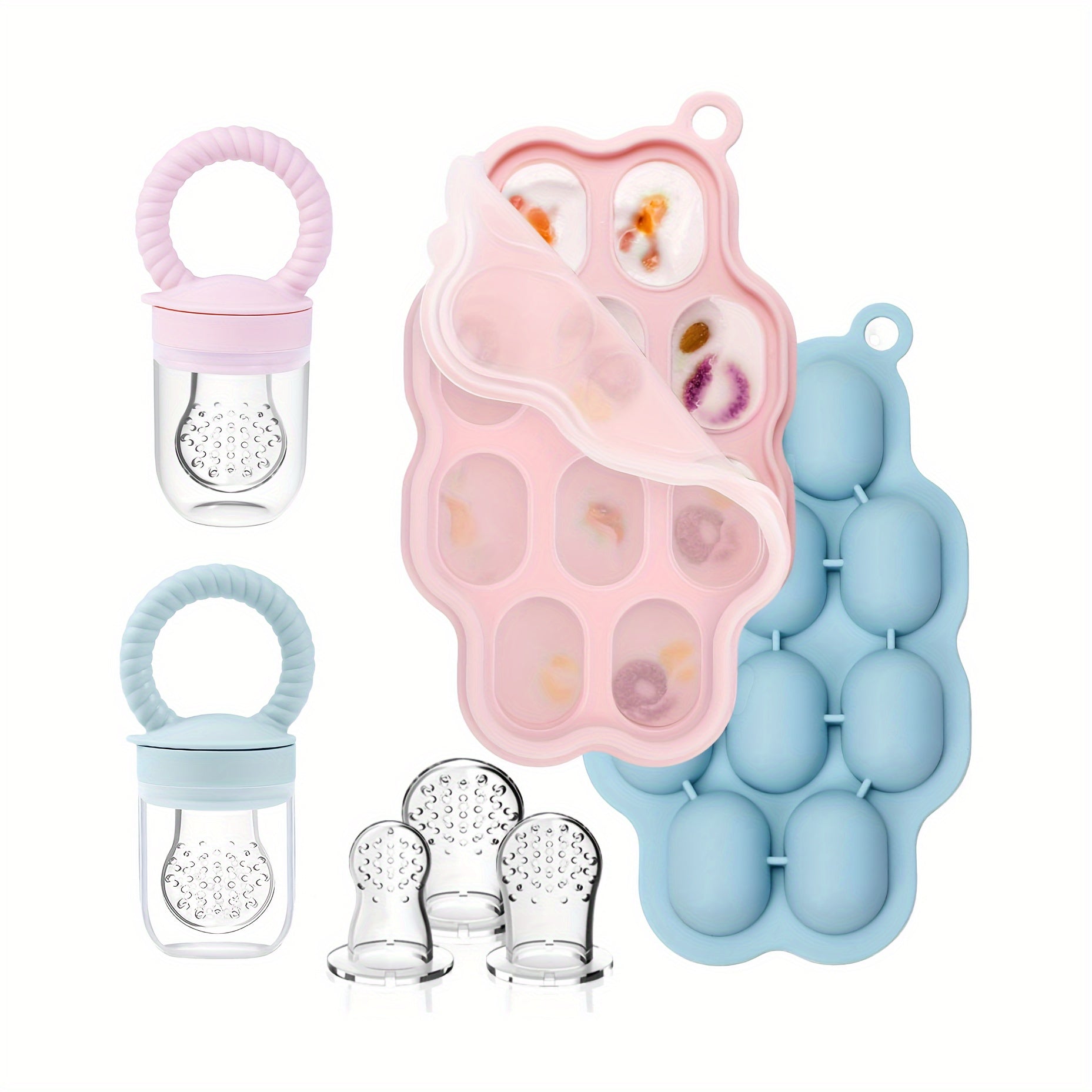 5 dona to'plami: Silikon oziq-ovqat saqlash qutisi va meva va sabzavot pyuresi tayyorlash uchun oziqlantiruvchi kombinatsiya to'plami