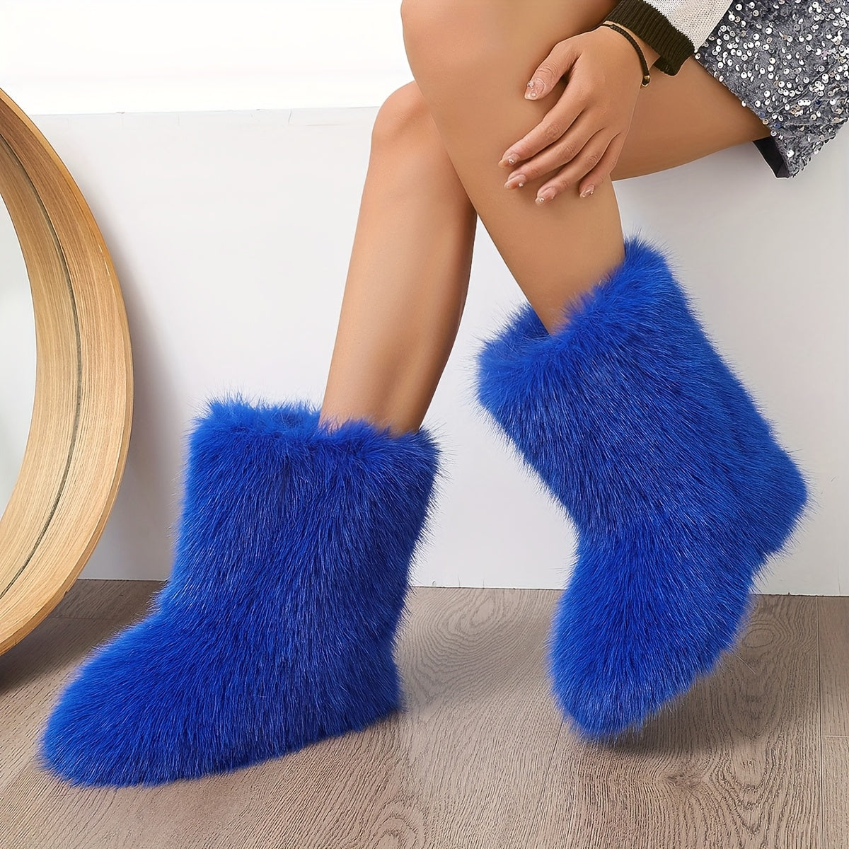 Women Faux Fur Mountain Boots Winter Mid-Calf Tall Booties
