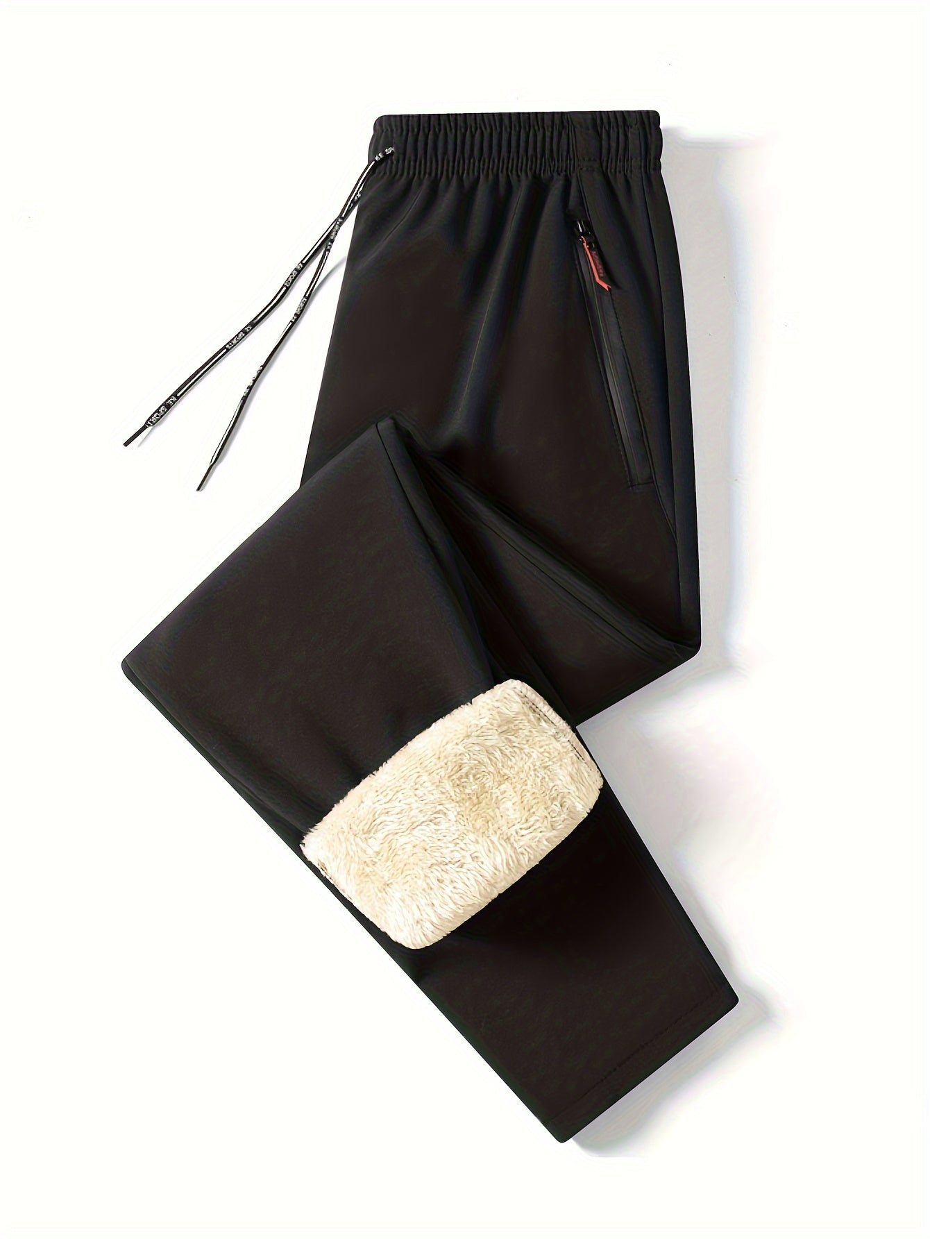 Men's Winter Fleece-Lined Casual Pants Solid Polyester Regular Fit Zipper Details