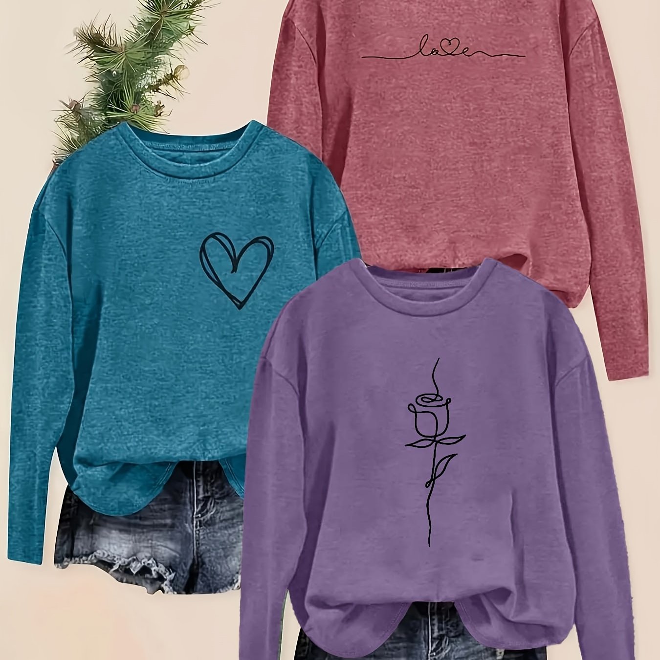 Women's Long Sleeve Cotton Casual Tops Set with Geometric Prints in Pink Blue Purple