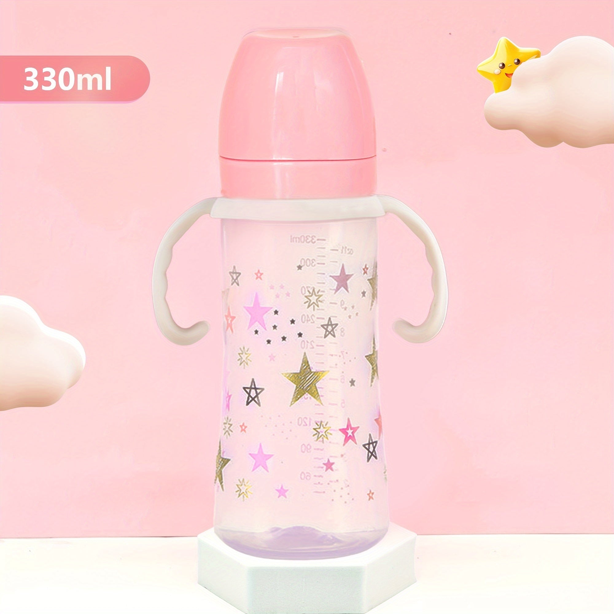 330ml Baby Feeding Bottle for 6-36 Months with Handle and Fairy Star Design in White Blue Pink