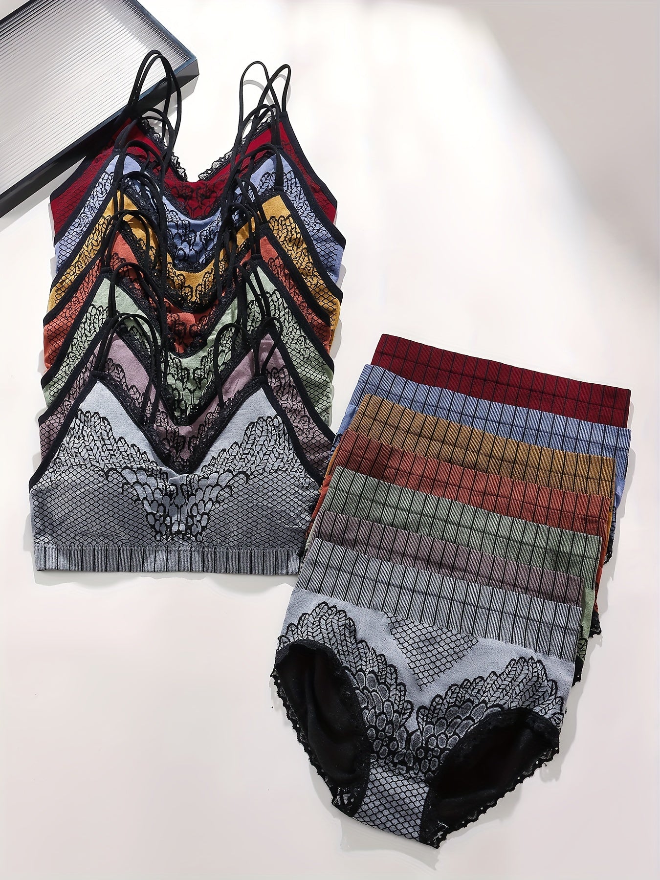 7-Piece Ribbed Color Block Lingerie Set for Women with Cami Bra and Panties