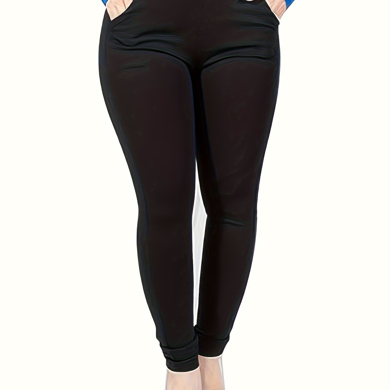Plus Size High-Waisted Slim-Fit Pants Black Pockets Spring Fall Warm Elastic