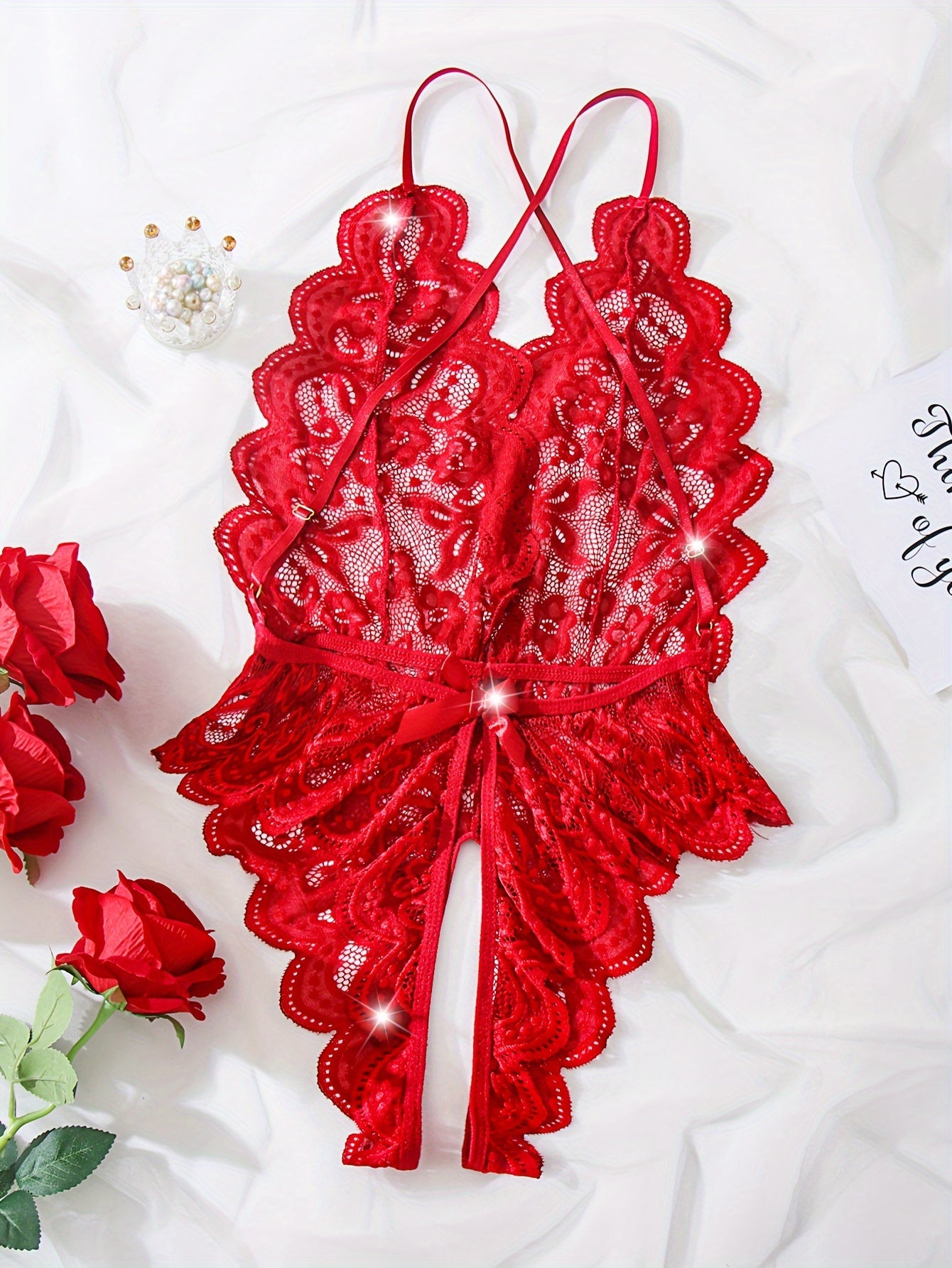 Women's Lace Bodysuit with Open Flaps and Deep V-Neck Backless Lingerie