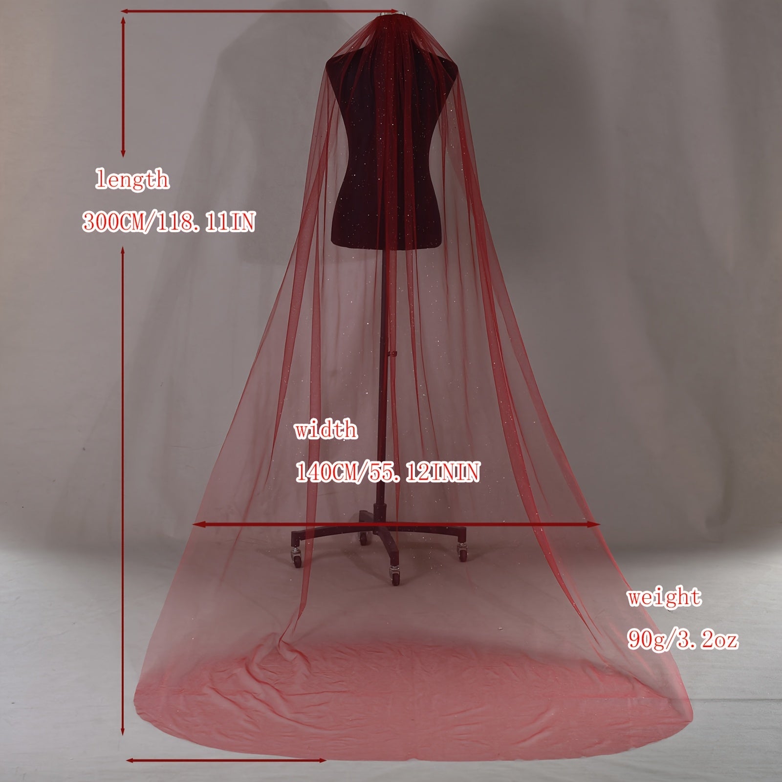 Red Bridal Veil with Golden Stitching Nylon Mesh for Wedding and Performance