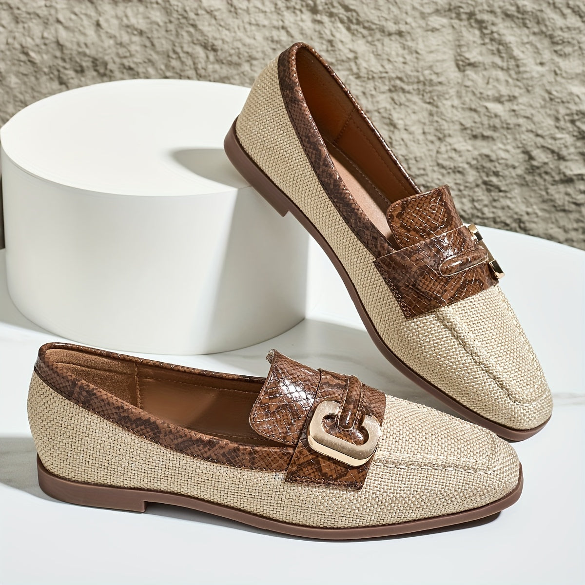 Women's Brown Snakeskin Slip-On Loafers with Gold "C" Buckle Lightweight Casual Shoes