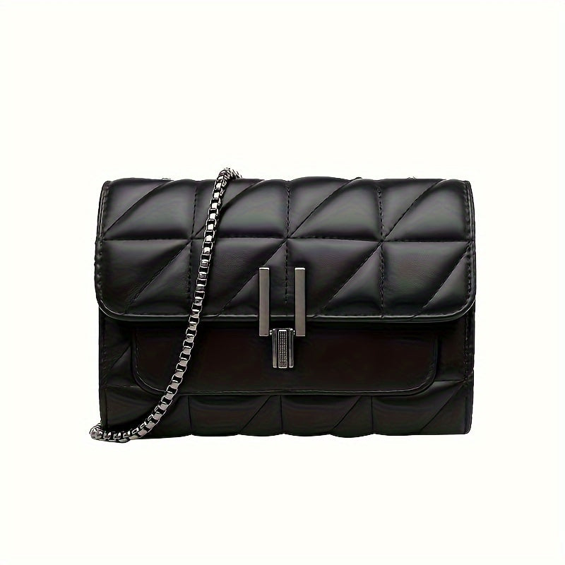 Women's Quilted PU Shoulder Bag with Chain Strap and Turn-Lock Closure