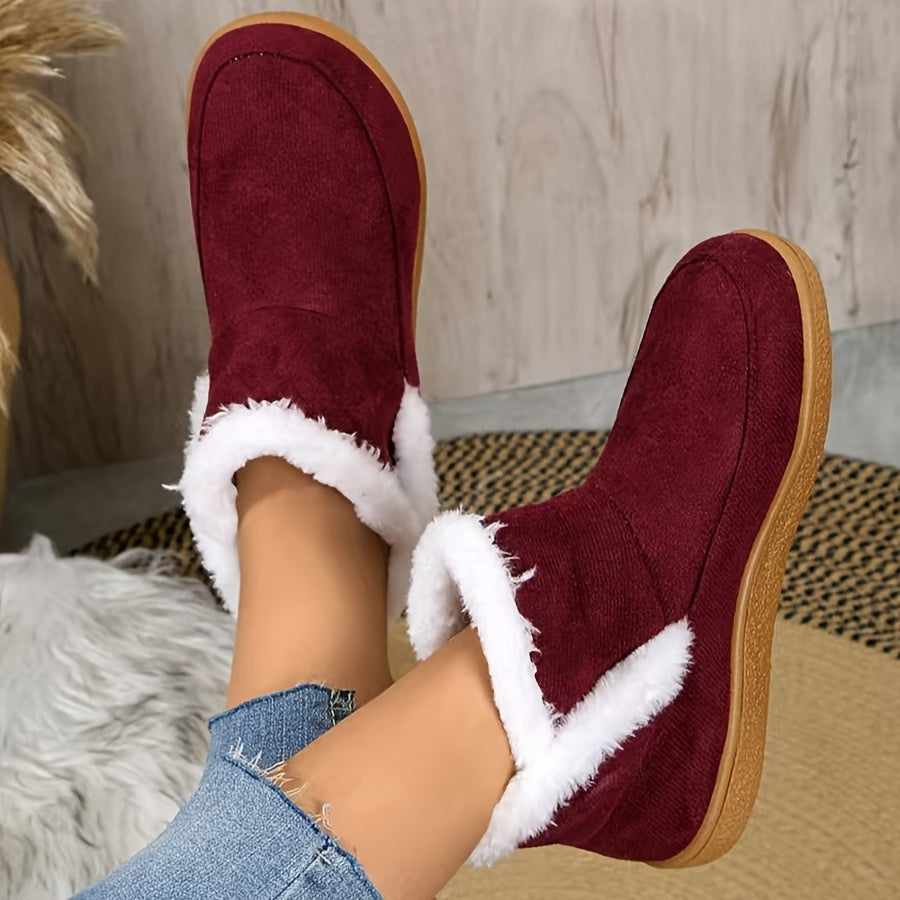 Women's Fleece-Lined Ankle Boots Casual Slip-On Short Boots Rubber Sole