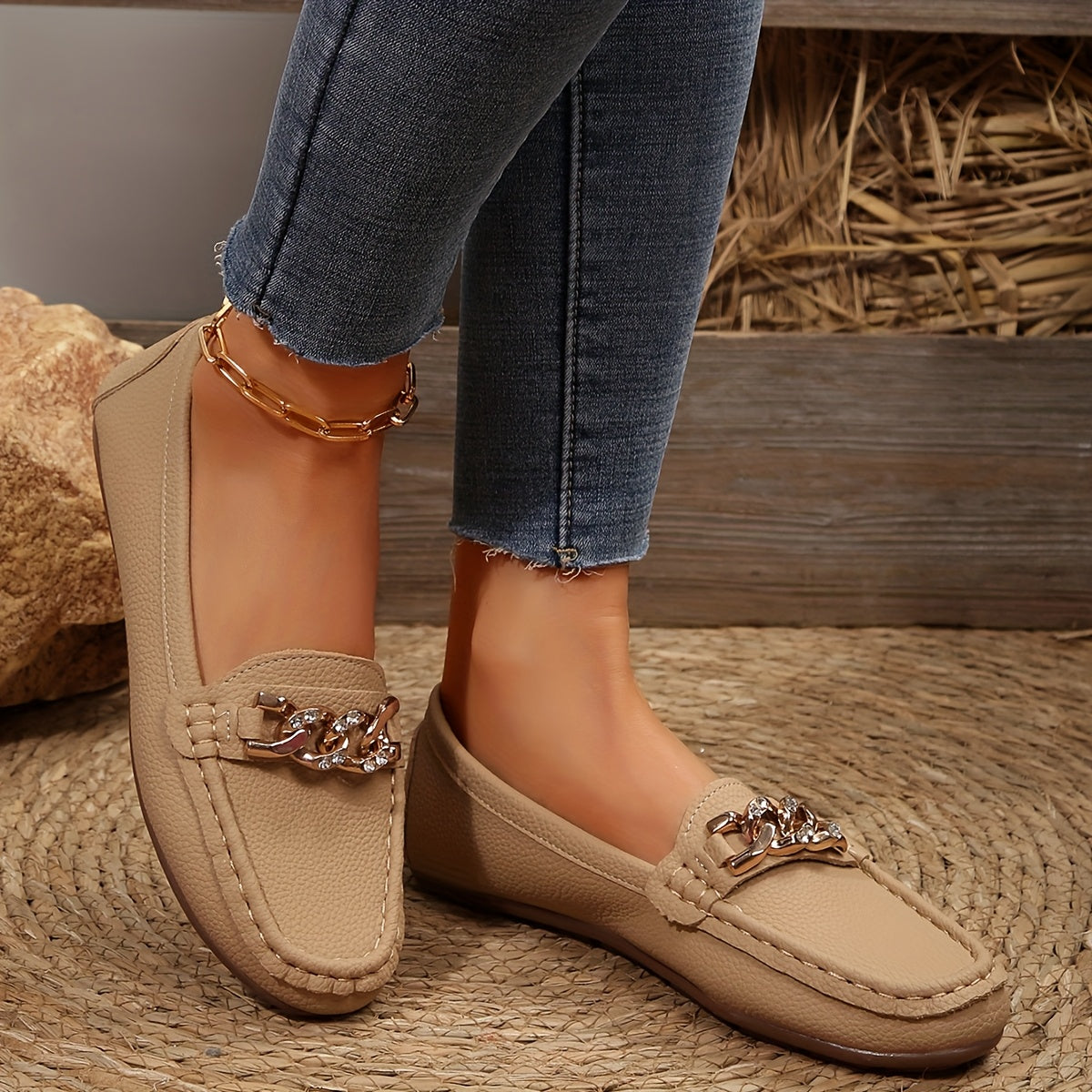 Women's White Faux Cover Loafers with Gold Chain Slip-On Flats