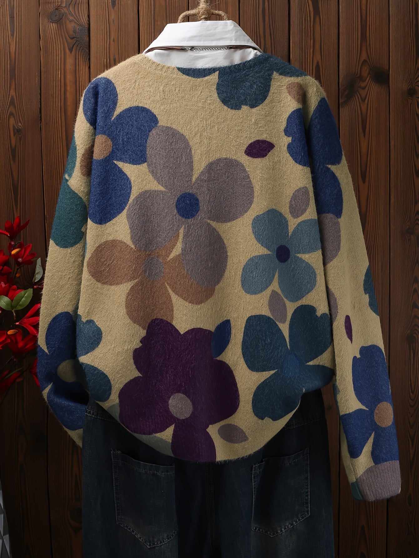 Women's Floral Print V-Neck Cardigan Sweater with Pockets