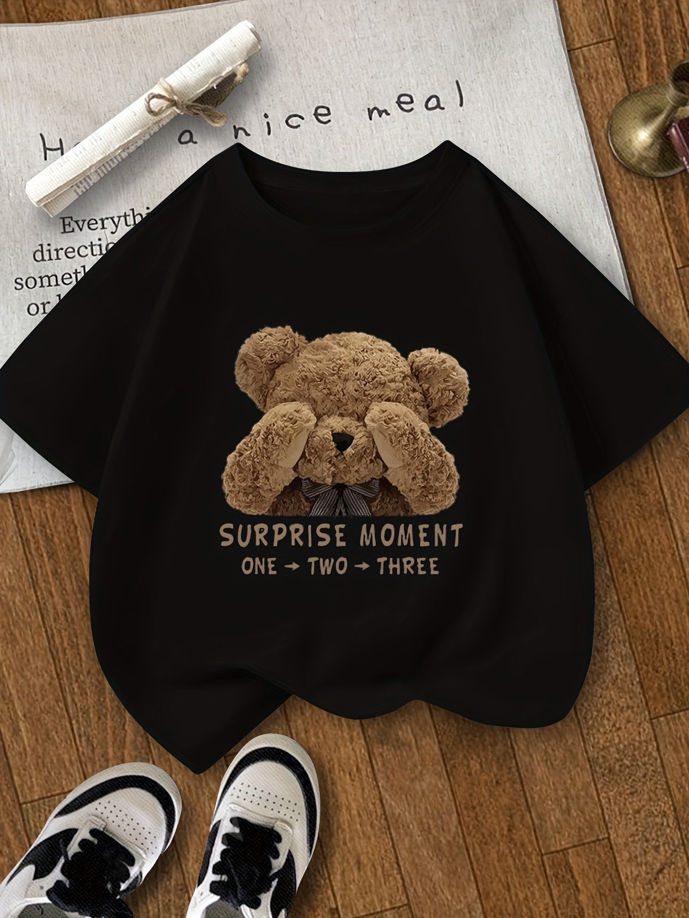 Girls Summer T-Shirt with Cartoon Bear Pattern Polyester Elastane Crew Neck Short Sleeve