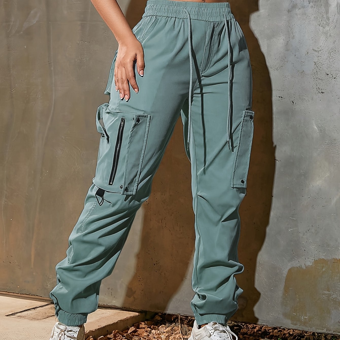 Pantalones cargo de cintura alta para mujer de corte holgado con bolsillos poliéster casual para todas las estaciones