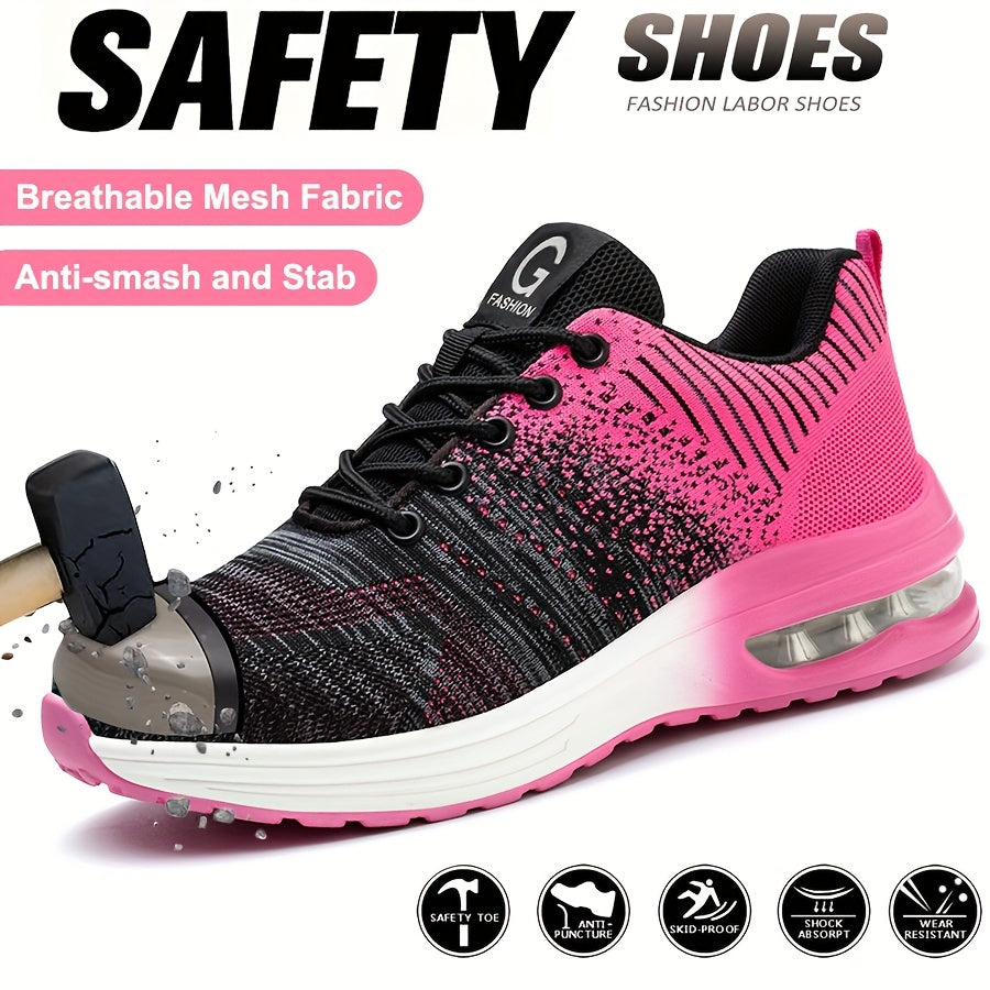 Women's Mesh Safety Work Shoes Steel Toe Anti-Smash Pink Black Gradient