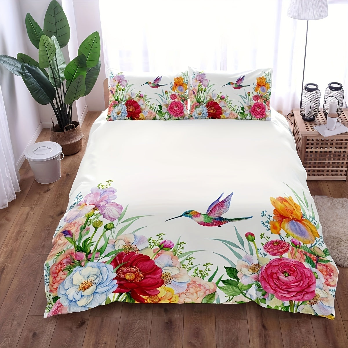 Set of 3 Floral Bird Print Duvet Cover Sets Breathable Bedding for Bedroom or Guest Room