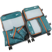 7-Piece Navy Blue Polyester Packing Cubes with Orange Accents for Travel Luggage Storage