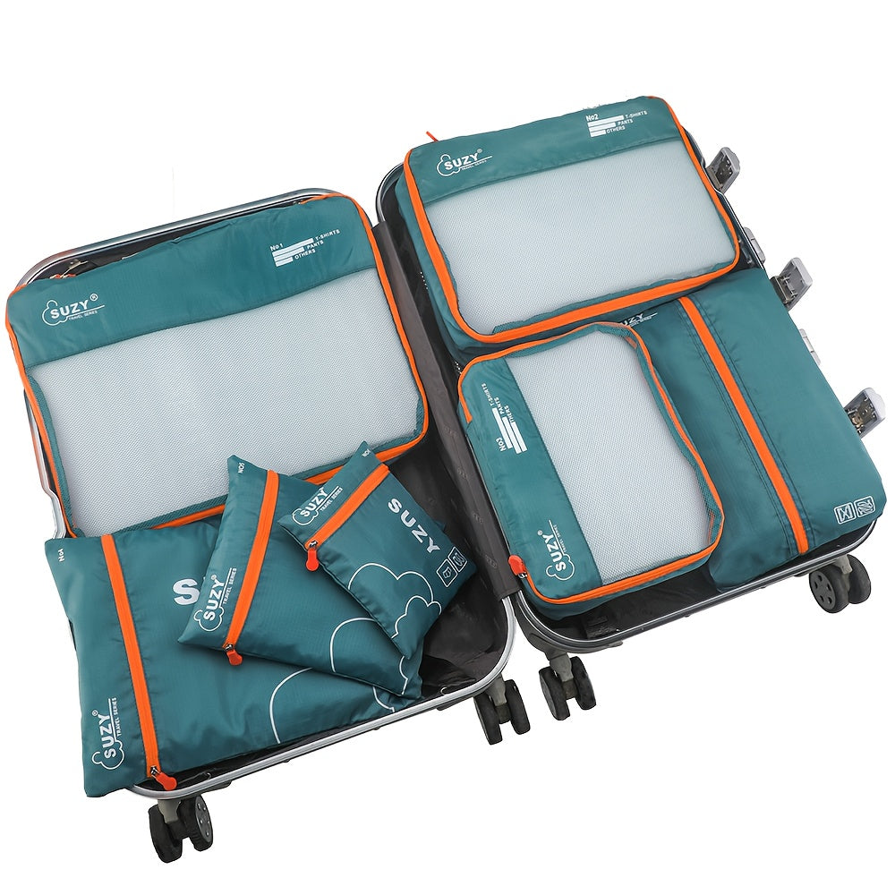 7-Piece Navy Blue Polyester Packing Cubes with Orange Accents for Travel Luggage Storage