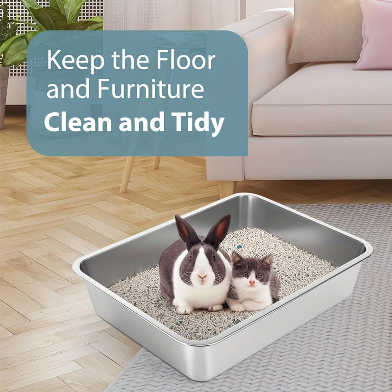 Stainless Steel Cat and Rabbit Litter Box with Low Side Entry Odor-Resistant Easy to Clean
