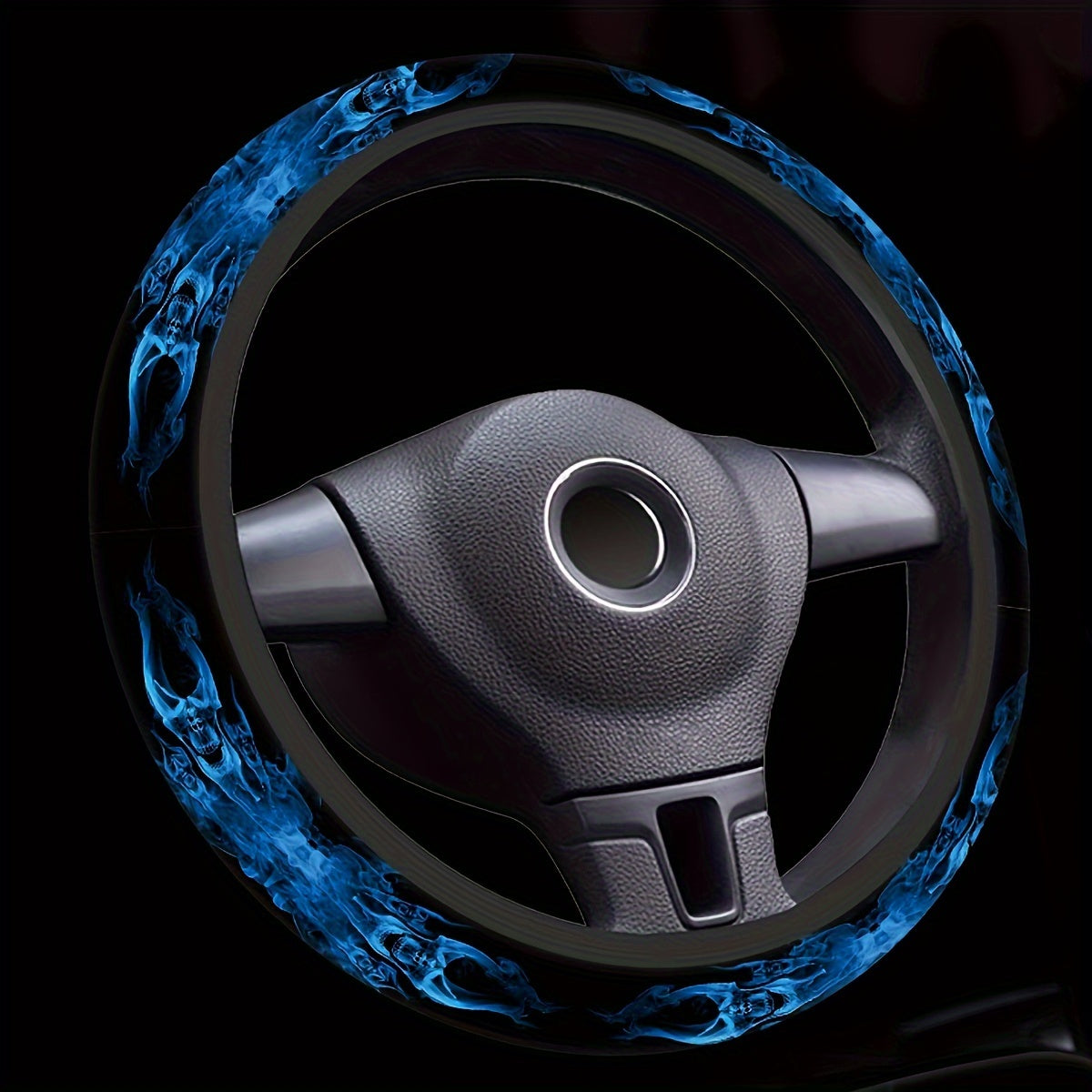 Blue Flame Skull Print Car Accessory Set Includes Wheel Cover Armrest Covers Seat Belt Clips Coasters