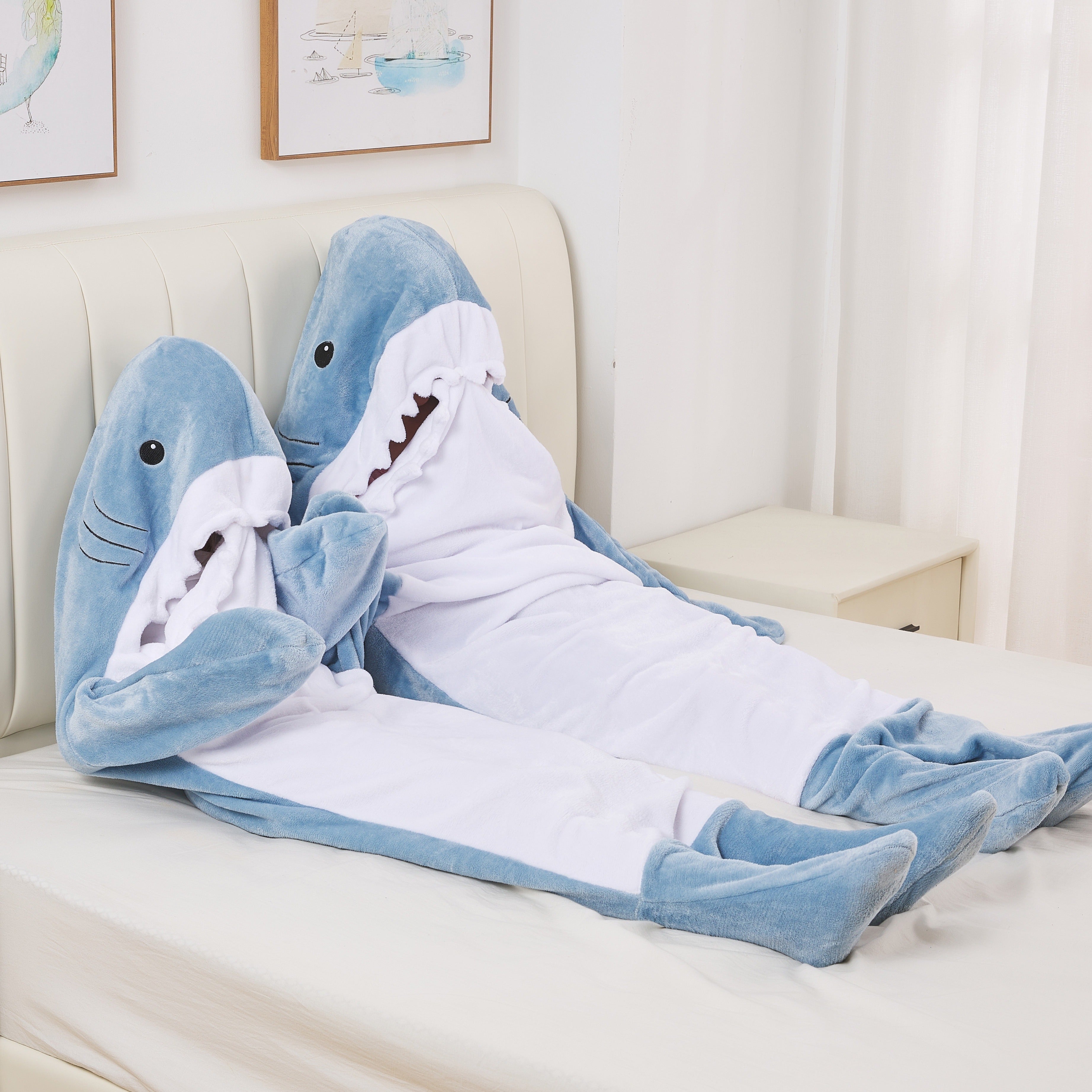 Adult Cartoon Shark Hoodie Soft Flannel Wearable Blanket Cozy Sleeping Bag