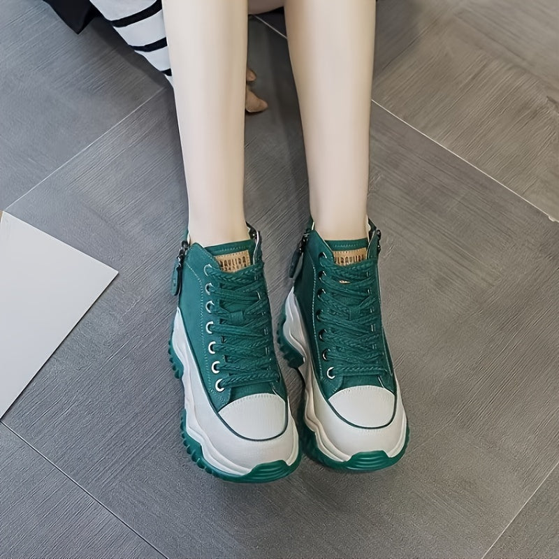 Women's Chunky Platform Dad Sneakers Mid-Top Casual Shoes Breathable PU Rubber Sole