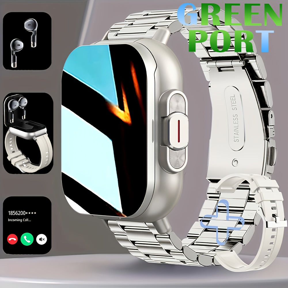 GREENPORT 2025 Aqlli soat, 5.11 sm kvadrat ekran, to'liq teginish nazorati, 2-in-1 simsiz quloqchinlar - Fitness kuzatuvchi, Musiqa ijro etish, Uxlash monitori, Ob-havo yangiliklari, Bir nechta sport rejimlari