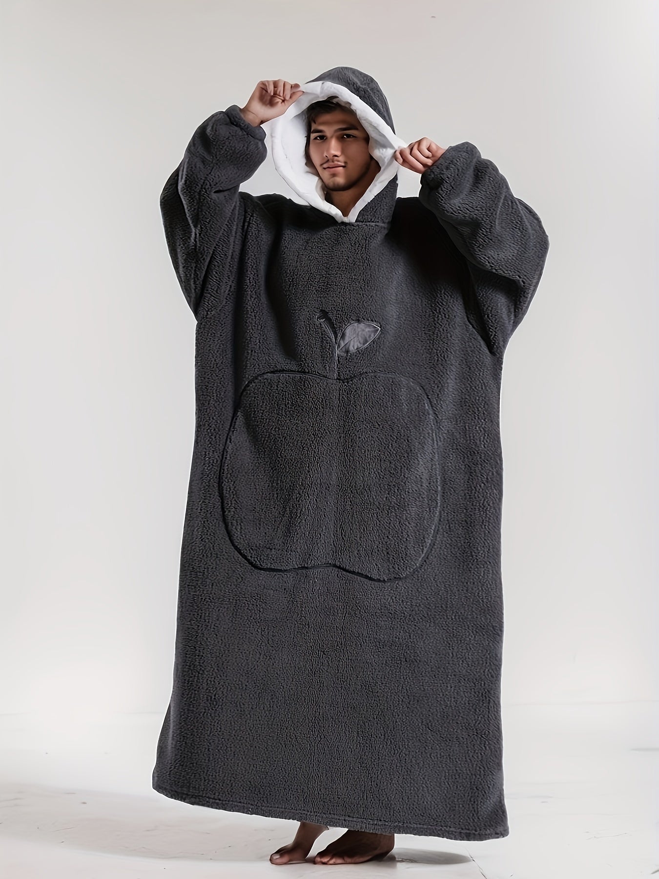 Oversized Hooded Robe for Women with Apple Embroidery Polyester Fleece Loose Fit Fall Winter