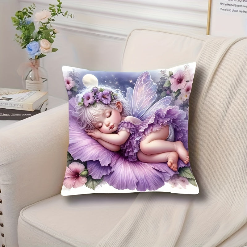 Angel Girl Plush Pillowcase Fairy Tale Design Sleeping Fairy Floral Starry Night Soft Bedroom Decor
