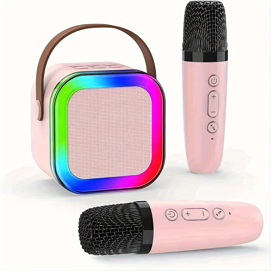 Mini Portable Karaoke Speaker with Wireless Microphones and LED Lights