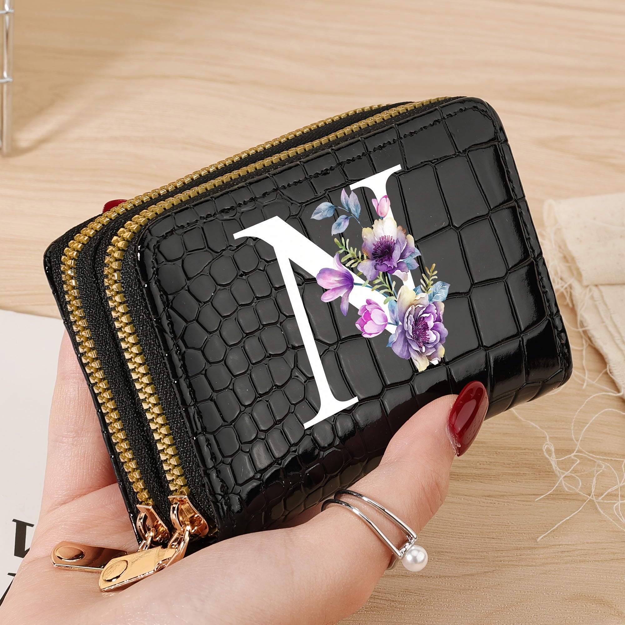 Minimalist Floral Credit Card Holder with Zipper Coin Purse for School and Back-to-School Supplies