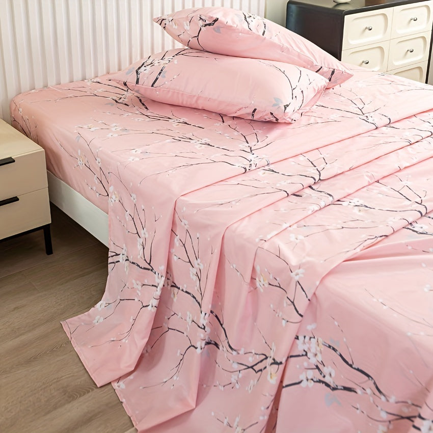 Floral Branch Microfiber Fitted Sheet Set with Deep Pockets and Pillowcases