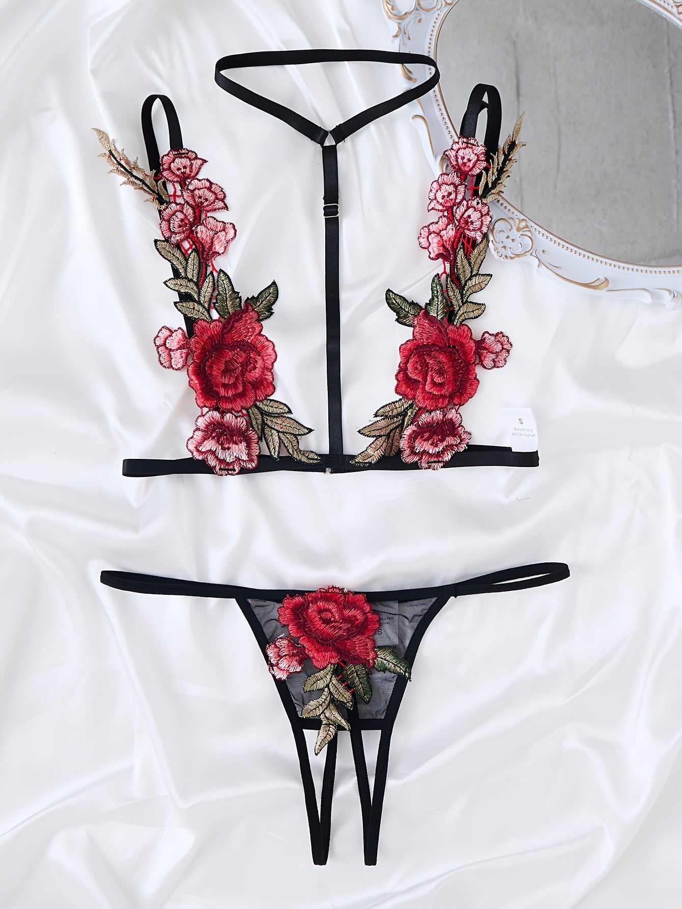 Women's Embroidered Lace Lingerie Set with Floral Design and Sexy Thong