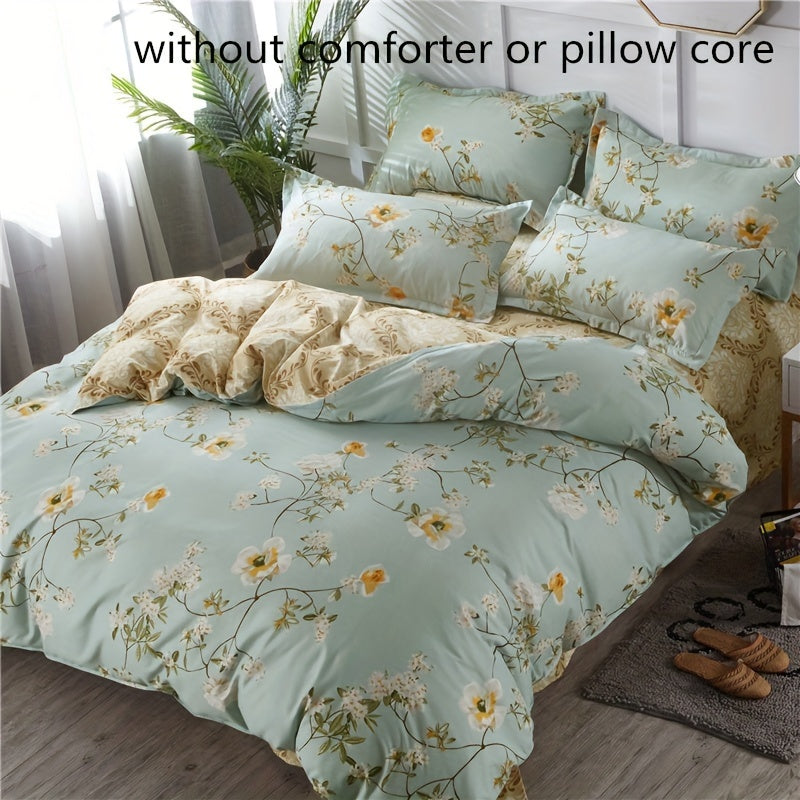Floral Duvet Cover Set 4 Pieces Polyester Bed Bedding with Pillowcases and Flat Sheet