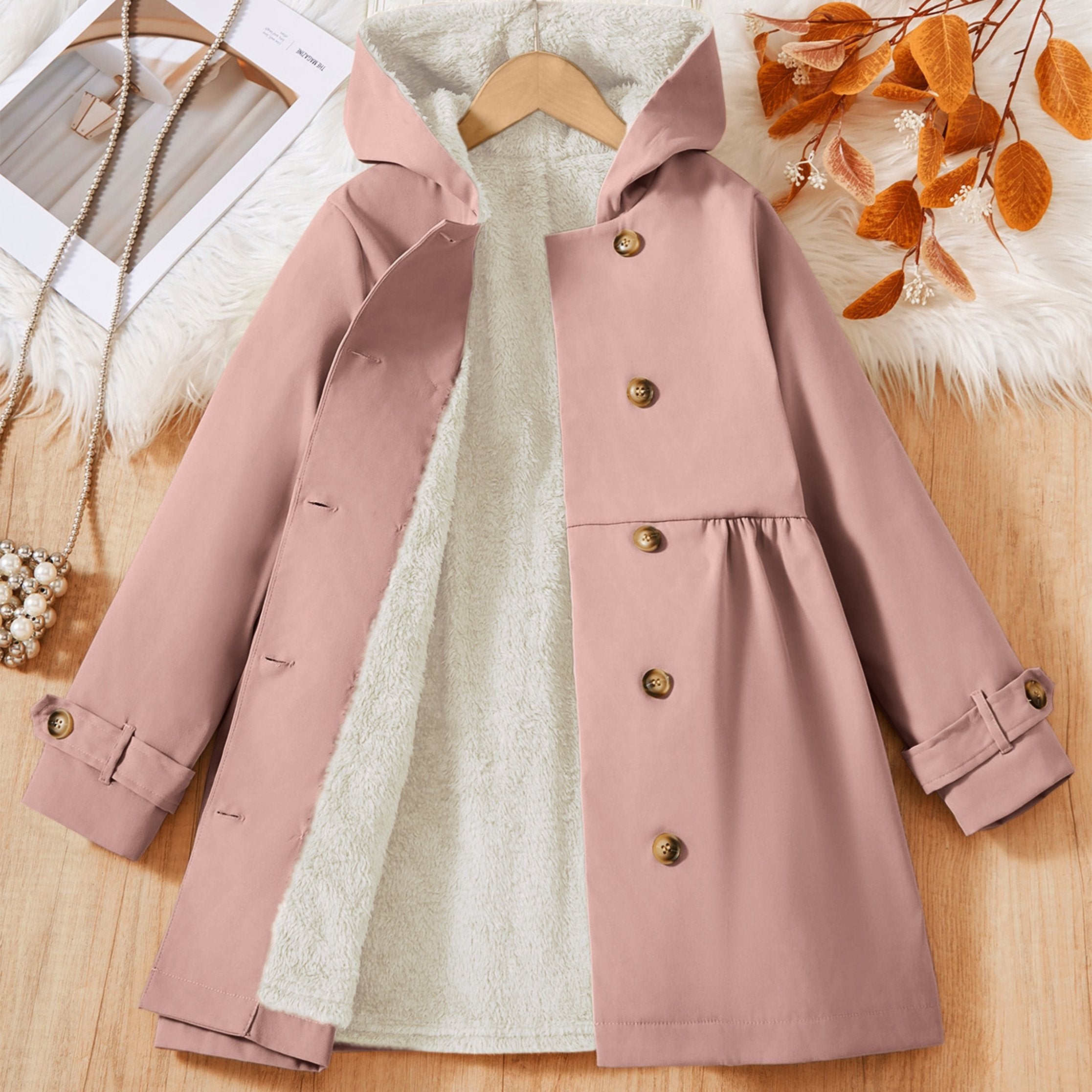 Girls Hooded Padded Coat Lightweight Double-Breasted Fall Winter Solid Polyester