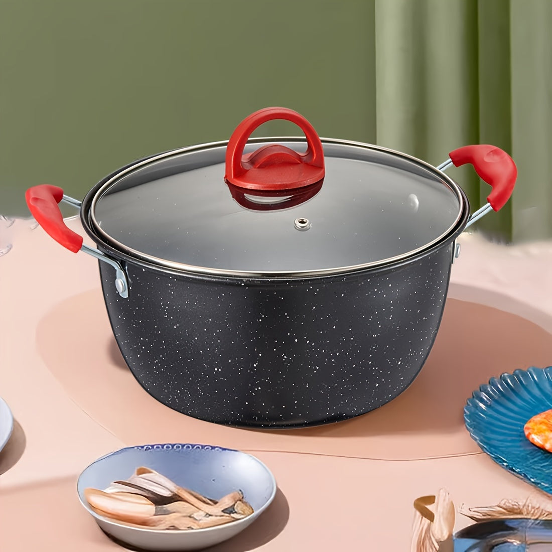 Multi-Functional Soup Pot Non-Stick Coating with Lid for Gas and Induction Stoves Red and Black