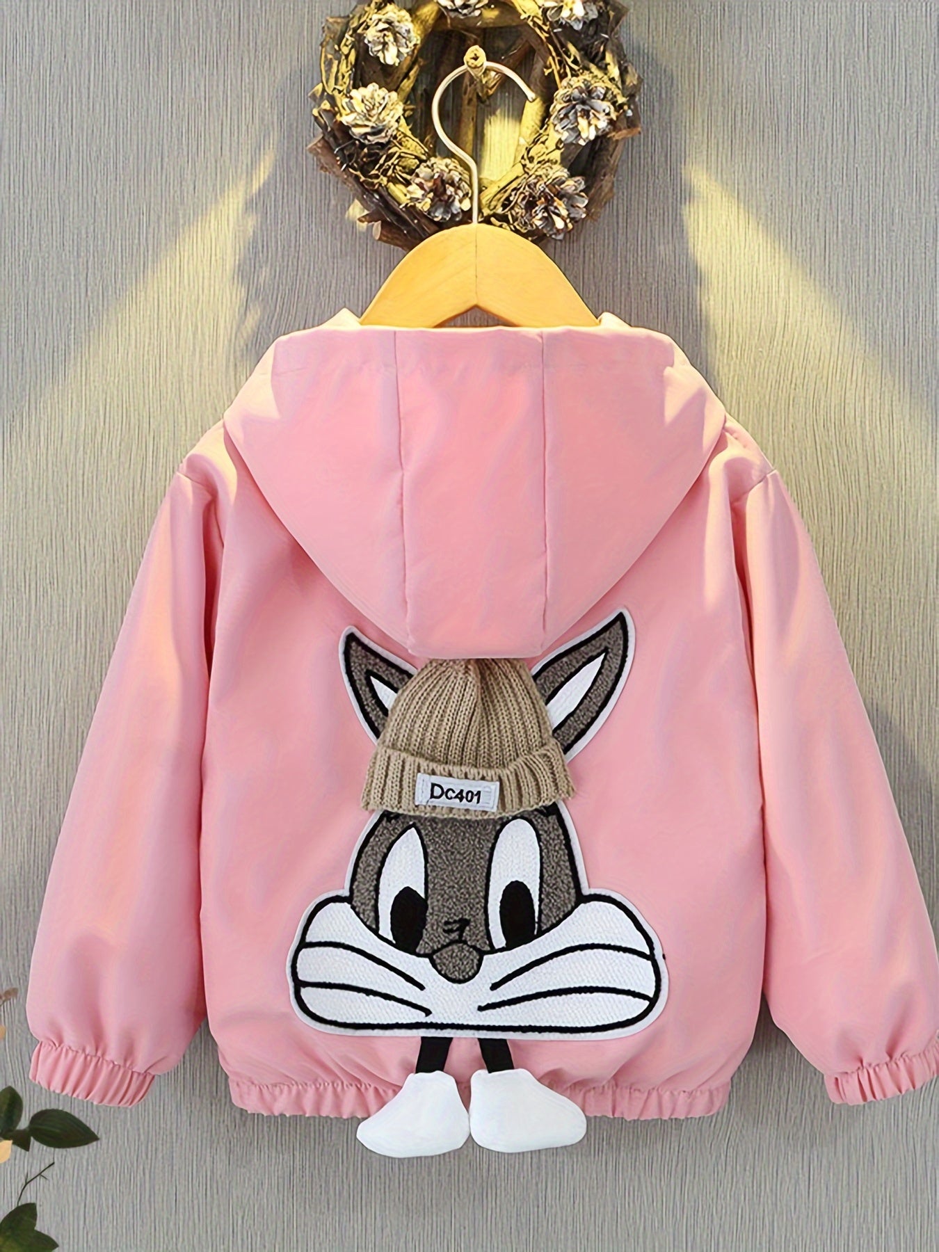 Girls' Long Sleeve Hooded Jacket with Rabbit Embroidery for Spring Fall Casual Kids Outerwear