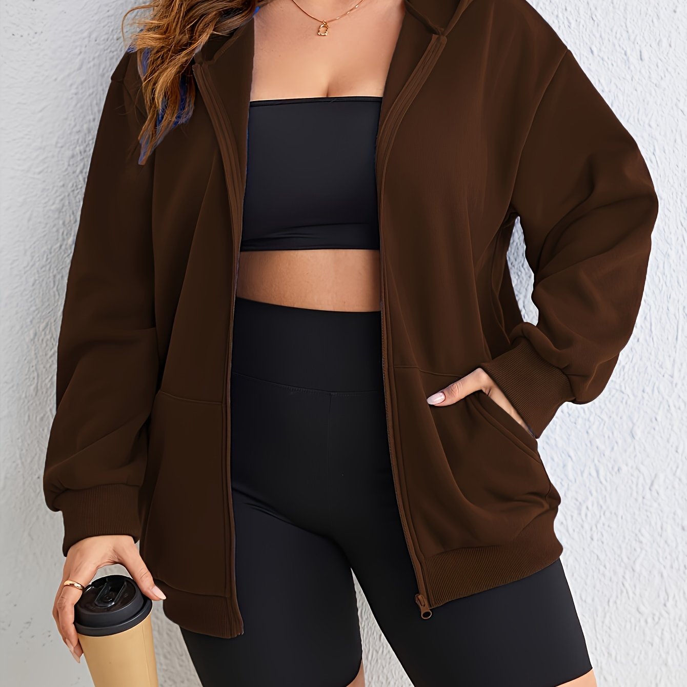 Women's Loose Fit Longline Hoodie Polyester Spandex Black Lounge Workout