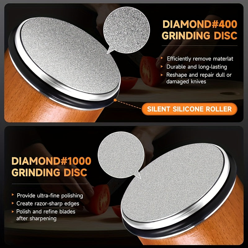 Magnetic Diamond Knife Sharpener with Aluminum Kitchen Tool, 15/20 Degree Angle, Wooden Base