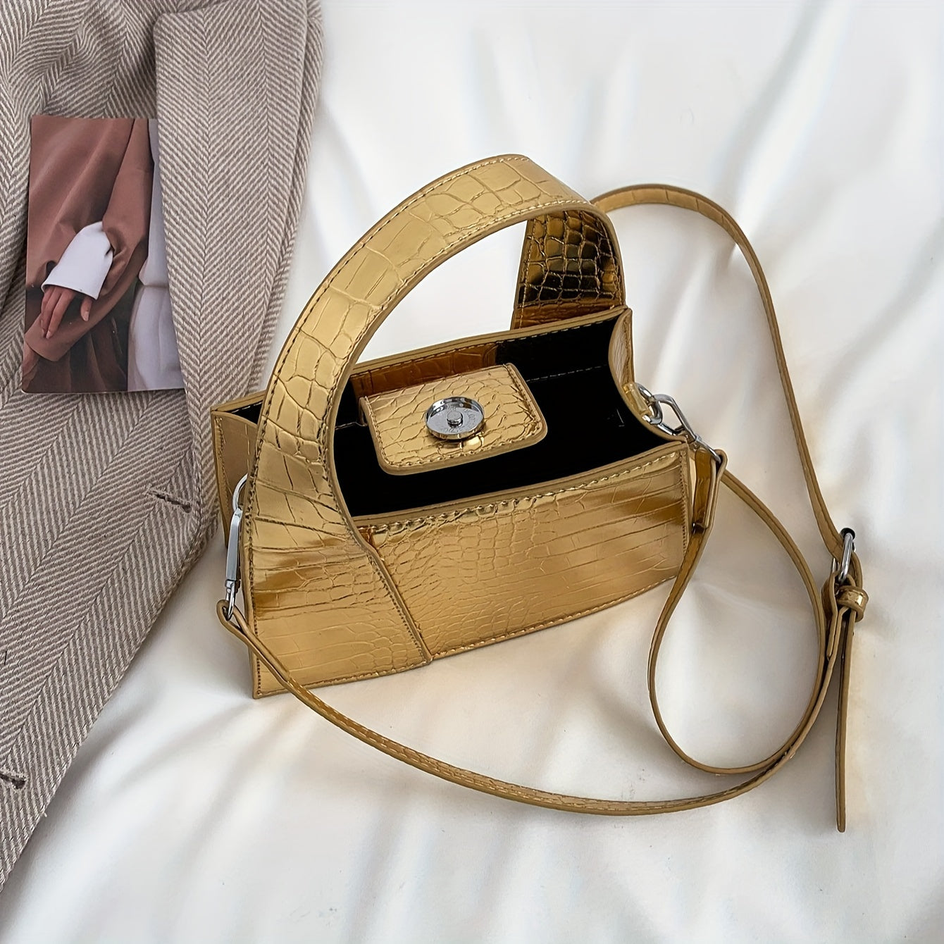 Crocodile Print Synthetic Leather Handbag with Snap Button Closure for Women