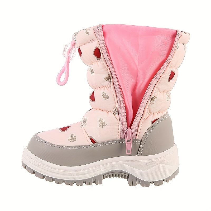 Girls Winter Snow Boots Pink Heart Pattern Fur-Lined Zipper Anti-Slip TPR Sole