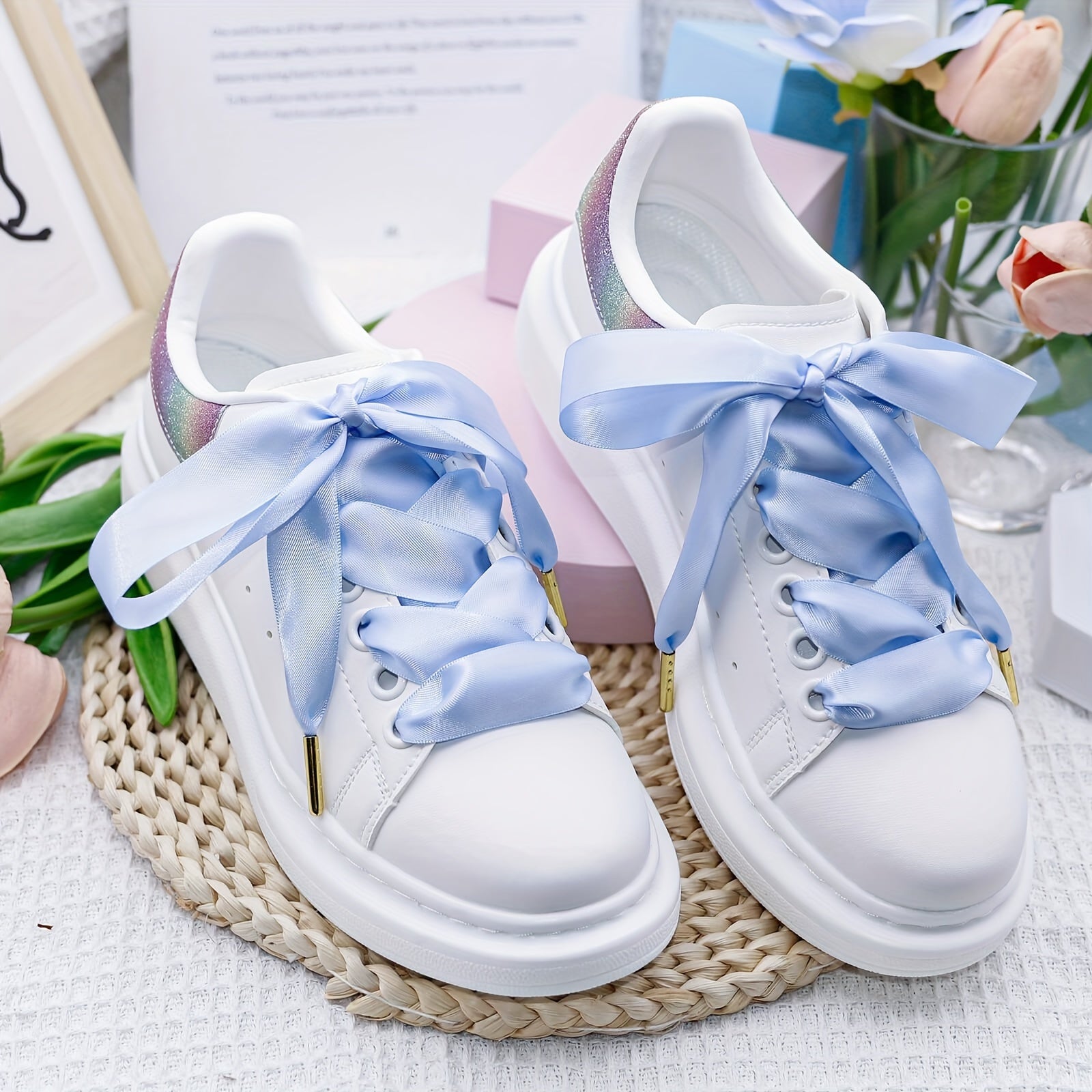 Women Girls Satin Ribbon Shoelaces Flat Wide Polyester 2 Pairs Black or Printed