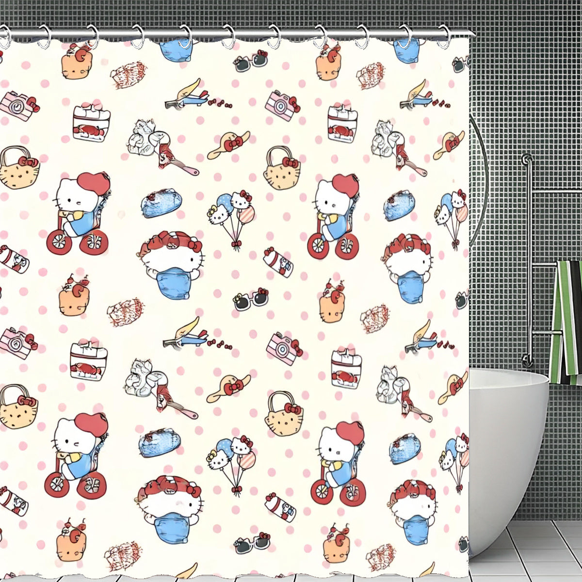 Hello Kitty Bathroom Decor Set 4pcs Waterproof Shower Curtain Rug Toilet Seat Cover