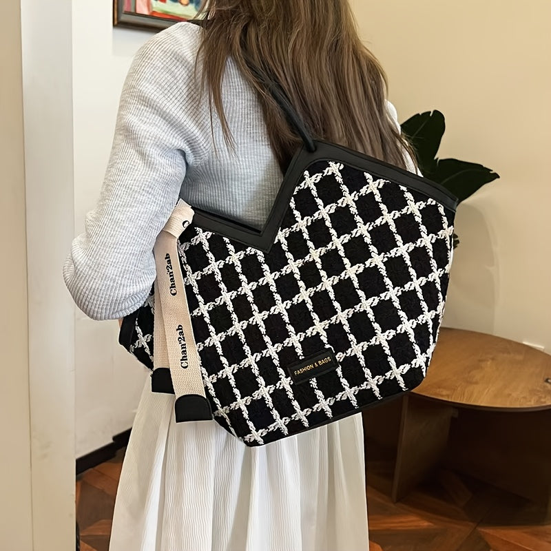 Black Plaid Tote Bag for Women with Zipper Closure and Matching Strap