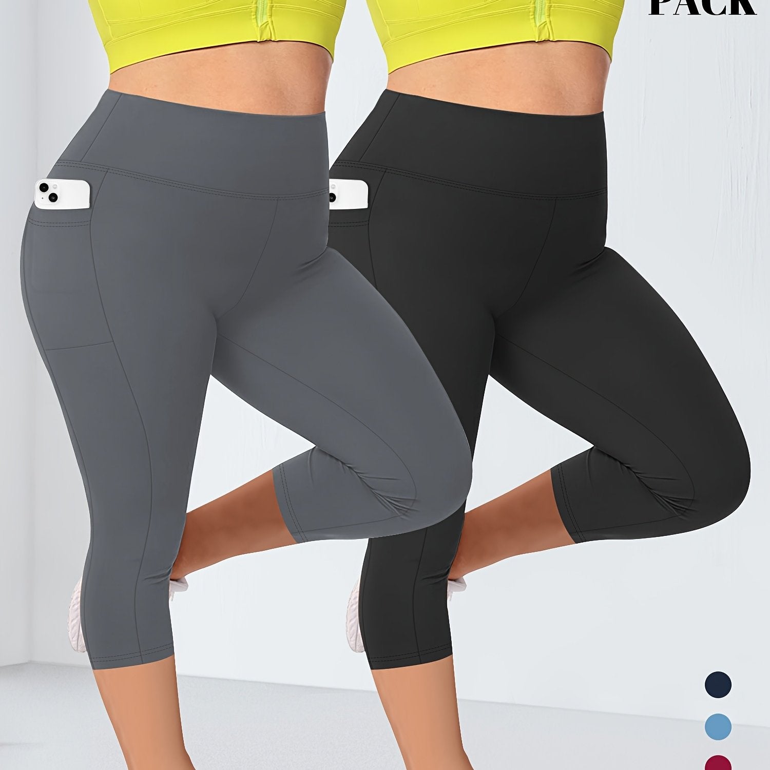 Plus Size Women's High-Waist Leggings 2-Pack with Pockets Stretchy Blue Black